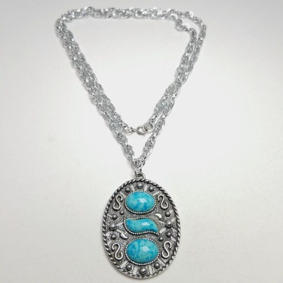 Vintage Silver Tone and Blue Pendant Necklace, Long Chain, Statement, Retro 70s - Picture 1 of 7